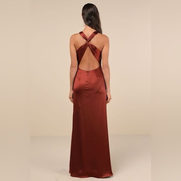 NWT Lulus Purely Elegant Rust Brown Satin Twist-Back Maxi Dress, Size XL - Picture 1 of 16